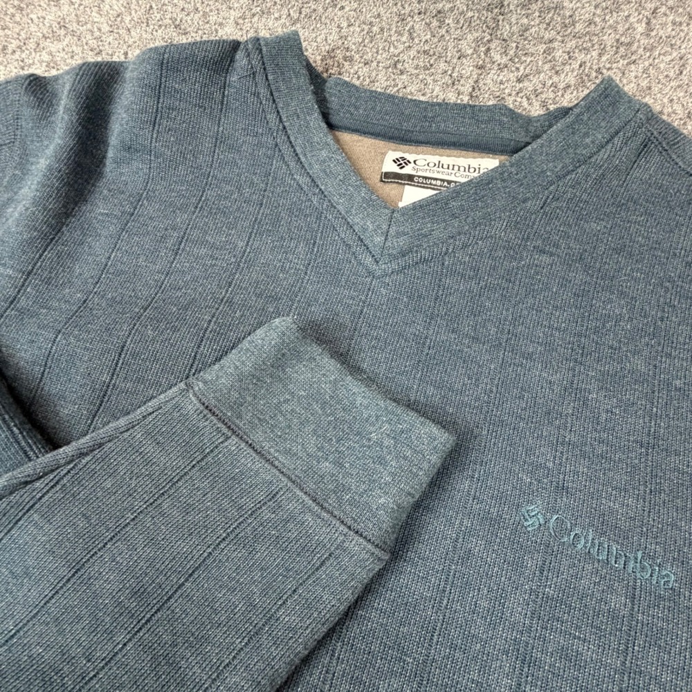 Columbia Sportswear Mens Large Blue Gray V-Neck Ribbed Knit Long Sleeve Sweater